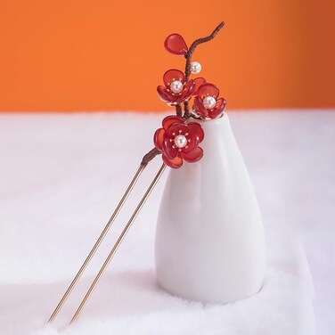 Red Plum Blossom Pearl Hairpin Chinese Hanfu Style Hair Fork Retro Flower with Metal Handmade Hair Clip Hair Accessories for Women Girls Long Hair (Red Plum blossom)