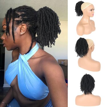 Dreadlock Curly Black Loc Drawstring Ponytail for Black Women, Short Loc Petal Bun Loc Accessories Clip in on Ponytails Hair Extensions Fake Ponytail Synthetic Hair Pieces for Black Women