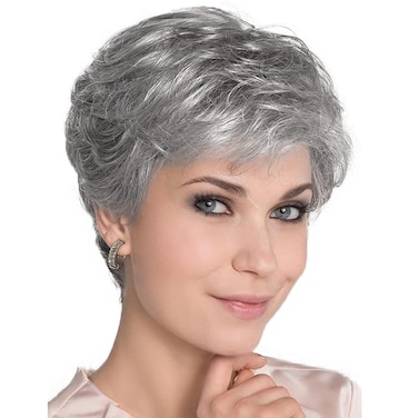 GNIMEGIL Silver Grey Wigs for Senior Women Hair Elderly Wigs with Bangs Layered Natural Hair Styles Short Old Lady Wig Halloween Costume Wigs for Older Ladies Women