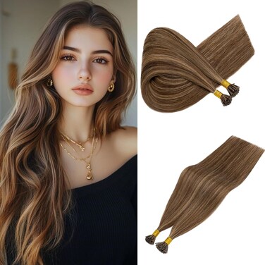 Rich Choices I Tip Hair Extensions Human Hair,100 Strands 0.5g/Strands,100% Real Remy Human Hair Extension Pre Bonded Keratin Stick In 16 Inch #4P27 Medium Brown Highlight Dark Blonde