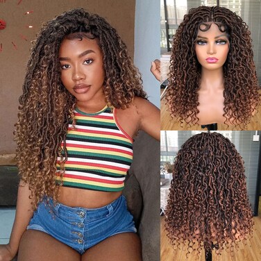 Goddess Faux Locs Wigs for Black Women 18Inch Full Lace Curly Synthetic Wigs with Baby Hair Bohemia Locs Twist Crochet Curls Braid Braided Wig(Ombre Brown