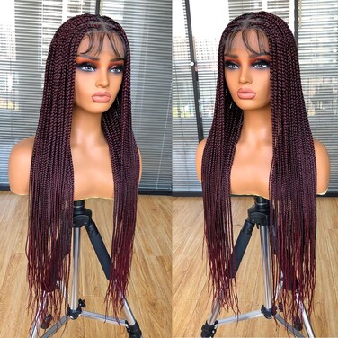 RunM 36" Full Double Lace Front Box Braided Wigs for Black Women Braids Lace Frontal Wig Synthetic Black Hand Braided Wigs With Baby Hair for Women(Ombre Red)