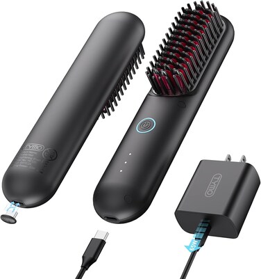 TYMO Cordless Hair Straightener Brush - Porta PRO Portable Straightening Brush for Travel, Mini Ionic Hot Comb Straightener for Women, Lightweight on-The-go, Cordless and Fast Charger Dual Power