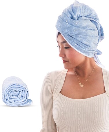 Teardrop Beauty Luxury Flat Microfiber Hair Towel Wrap for Women: Anti-Frizz, Fast Drying Hair Turban for Wet, Long, Thick, &amp; Curly Hair - Quick Dry Microfiber Hair Drying Towel (Blue Flower)