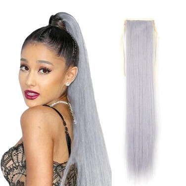 Long Grey Ponytail Hair Extensions, Silver Grey Ponytail Extension for Women 24Inch 110g Clip in Ponytail Extension Natural Hair Straight Ponytail #Silver Grey