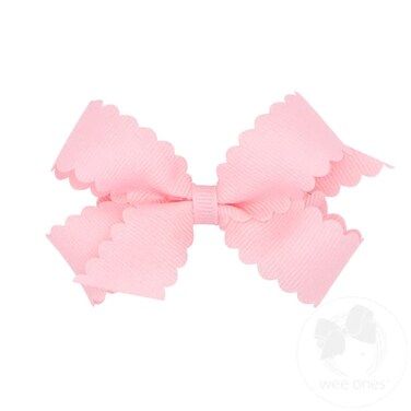 Wee Ones Girls' Classic Grosgrain Hair Bow with Scalloped Edges and Plain Wrap Center on a WeeStay Hair Clip, Mini, Light Pink