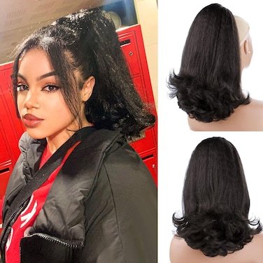 SCENTW 16 inches Drawstring Ponytail Extensions yaki Ponytail with Curly Ends Natural Wavy Synthetic Curly Clip Pony Tails Ponytail for Black Women&hellip;