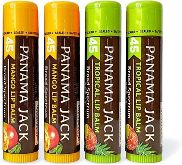 Panama Jack Sunscreen Lip Balm - SPF 45, Flavor Pack, Broad Spectrum UVA-UVB Sunscreen Protection, Prevents &amp; Soothes Dry, Chapped Lips (Mango/Tropical)