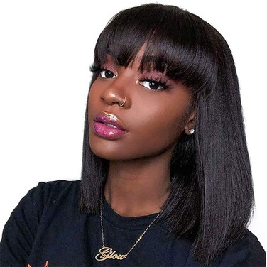 Human Hair Short Straight Bob Wig 150% Density Short Straight Bob Wig With Bangs Brazilian Hair Wigs (Natural Black, 14 Inch)