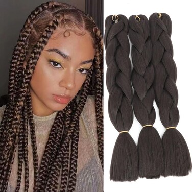 Jumbo Braiding Hair Yaki Bulk Supply 3bundles Pack Dark Brown Synthetic Neat Box Braid Extension Mixture Blend Crochet Hair for Braid (4#)