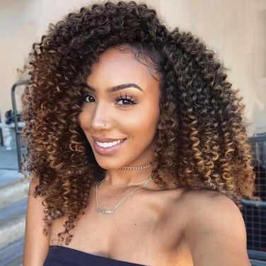 LADY MIRANDA Brown Color Afro kinky Curly Braiding Hair Extensions Jerry Curl Crochet Hair 3X Braid Hair Mixed Dark Brown to Light Brown Short Synthetic Hair Styles (Black&amp;brown)