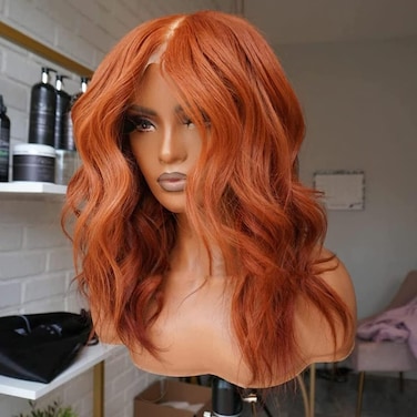 Maycaur Ginger Lace Front Wigs Short Wavy Orange Wigs Bob Hair Heat Resistant Natural Wave Glueless Synthetic Lace Front Wigs for Fashion Women
