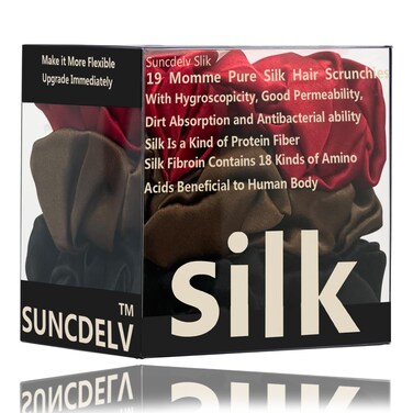 Suncdelv Silk,100% Silk Scrunchies for Hair,22 Momme Hair Ties for Anti-Crease &amp; Breakage,Natural Women Hair Accessories，Fashion Hairbands 3PCS（Red,Brown,Black）