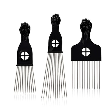 Metal Afro Pick Comb Set, 3-Pack Metal Afro Hair Pick Set, Fist Handle Design, Curly Hair, Professional Hair Styling Tools for Women and Men