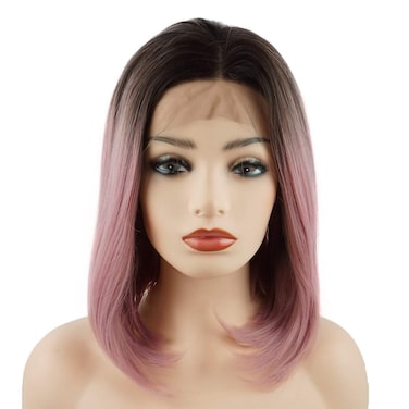 Hair Straight Short 12inch Dark Root Pink Ombre Heavy Density Realistic Heat Resistant Synthetic Lace Front Wig
