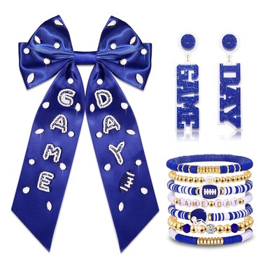 Game Day Accessories Outfits for Women Game Day Hair Bows Beaded Football Hair Bow Clips Large Silky Satin Hair Ribbons Heishi Bracelets Tassel Earrings Team Spirit Football Mom Accessories Gifts