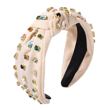 NVENF Rhinestone Knotted Headbands for Women, Crystal Beaded Jeweled Headbands, Top Knot Headbands Womens Fashion Hairbands Summer Hair Accessories (B-Beige)