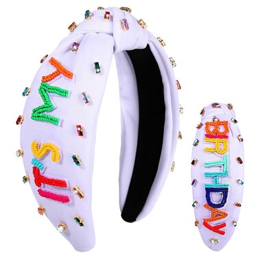 YAHPERN Birthday Headband for Women Beaded Its My Birthday Knotted Headband Embellished Rhinestone Crystal Top Knot Headband Birthday Crown Hair Accessories Party Decorations Gifts
