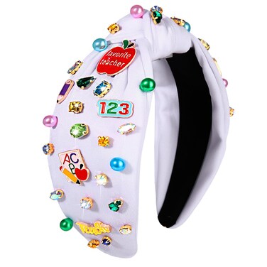 NVENF Teacher Headband for Women Teacher Accessories Crystal Pearl Knotted Headband Rhinestone Beaded Embellished Top Knot Headband Back To School Outfits Teacher Appreciation Gifts (Style F)