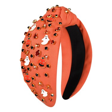 Halloween Headband for Women Spooky Pumpkin Spider Ghost Headband Jeweled Rhinestone Crystal Knotted Headband Embellished Wide Top Knot Headband Halloween Hair Accessories Gifts (Ghost&amp;Pumpkin)