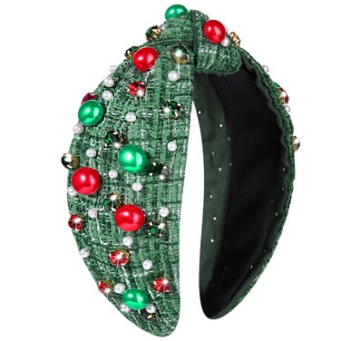 NVENF Knotted Headbands for Women, Pearl Crystal Knotted Headband, Rhinestone Embellished Jeweled Headbands Wide Top Knot Hairband Womens Fashion Hair Accessory (Christmas Green)