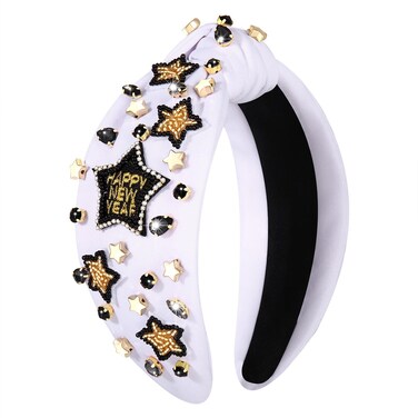 Happy New Year Headband for Women New Year&rsquo;s Eve Accessories Gold Beaded NYE NEW YEAR Knotted Headband Holiday Rhinestone Jeweled Top Knot Headband New Year Party Headwear Gifts (HAPPY NEW YEAR)