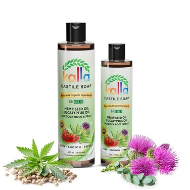 Kalla Organic Hemp castile soap 100% Pure Castile Liquid Soap Burdock Root Extract-250ml, Certified Cold Pressed Virgin Coconut Oil, Eucalyptus Castile Soap Gluten Free, Body &amp; Face Moisturizer 2 Pack