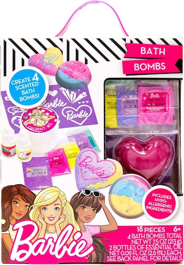 Barbie Make Your Own Bath Bomb Kit by Horizon Group USA, DIY Four Custom Colorful &amp; Sweet-Smelling Bath Bombs, Includes Stencil, Glitter, Molds, Fragrances &amp; More, Pink, Yellow, Teal &amp; Purple