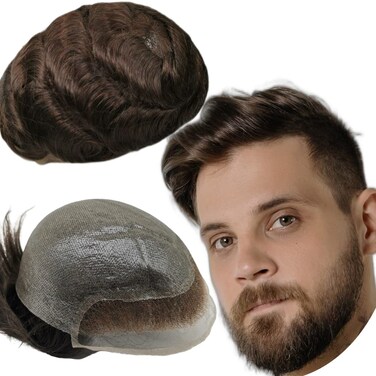 Toupee for Men men hair pieces Mens Toupee Wavy Human Hair Replacement System 100% European Real Human Hair Men Lace Hair System Fine French Lace Front with PU Base SLF (#2 Dark Brown)