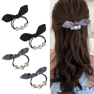 4 Pcs Rabbit Ear Bow Pearl Scrunchie Hair Ties Love Heart Shape Bunny Ear Scrunchies High Stretch Durable Ponytail Rope Hair Bands Headdress Accessories for Women Girls (Black, Gray)