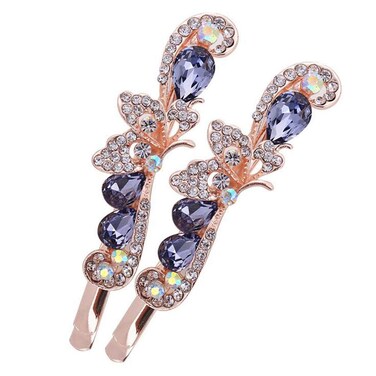 2PCS Rhinestone Flower Hair Clips Butterfly Graphics Hairpin Side Clip Barrette Bobby Pin Hair Accessories for Women Lady (Purple)