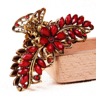 Suoirblss Large Metal Rhinestone Alloy Hair Claw Jaw Clip Retro Flowers Hair Clip Fancy Hair Barrette Clamp for Women Thick Hair (Red)