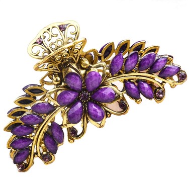 Suoirblss Large Metal Rhinestone Alloy Hair Claw Jaw Clip Retro Flowers Hair Clip Fancy Hair Barrette Clamp for Women Thick Hair (Purple)