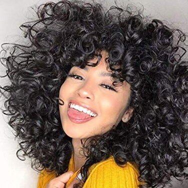 andromeda Short Curly Wigs for Black Women Soft Black Curly Wig with Bangs Fluffy Curls Synthetic Hair Wig Loose Curly African American Costume Cosplay Half Wigs （Black）