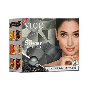 VLCC Natural Silver Facial Kit - Single Use   Salon Like Facial at Home in Just 6-Steps   Includes Cleanser, Scrub, Cream, Face Pack &amp; Oil Free Gels   2.12 Oz/60g