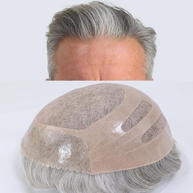 HAPPY&amp;CC Toupee for Men Indian Human Hair 8x10 inch Hairpiece for Men Fine Mono with Thin Skin Hair Replacement System 20% 1B Off Black with 80% Grey Hair Mens Toupee