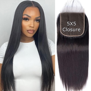 5x5 Transparent HD lace closure human hair Straight Invisible Lace 150% Density 12A Real Transparent Lace Closure Virgin Human Hair Frontal Closure Pre Plucked With Baby Hair Natural Black 16Inch