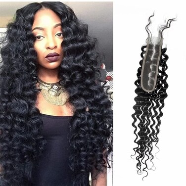 Brazilian Deep Wave 2x6 Lace Closure 100% Unprocessed Human Virgin Hair Deep Curly Closure Pre-Plucked Hairline Loose Deep Closure With Baby Hair (12inch, 2x6 deep wave closure)