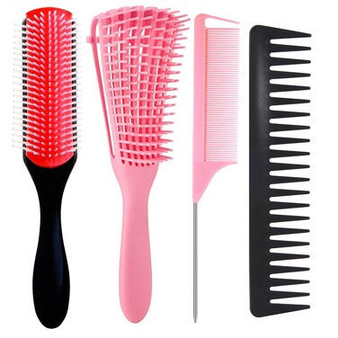 Detangling Brush Set with 9 Row Styling Brush, Rat Tail Comb, Wide Tooth Comb for Separating, Shaping and Defining Wet/Dry Long/Thick Curly and Natural 3a-4c Hair (Pink)