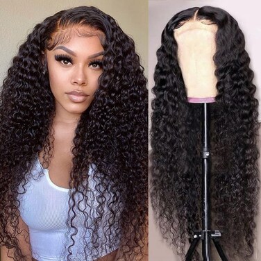 SOSATISFY Deep Wave Lace Front Wigs Human Hair 4x4 HD Transparent Lace Closure Wigs Glueless 180% Density Human Hair Wigs for Black Women Pre Plucked with Baby Hair (20 inch)