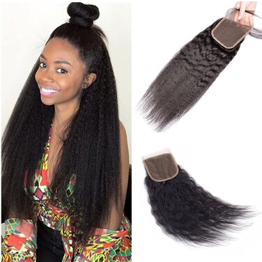 Brazilian Kinky Straight 4x4 Lace Closure 100% Unprocessed Human Virgin Hair Pre Plucked Coarse Italy Yaki Pre-Plucked Hairline Closure Natural Black With Baby Hair (18inch, kinky straight closure)