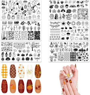 ALIBBON 6 Pcs Fall Nail Stamping Plates Set, Leaves Background Nail Art Stamp Templates, Autumn Tree Stamp Templates Kit, Happy Thanksgiving Day Metal Nail Plates for DIY Printing Decor 4.7&times;2.4