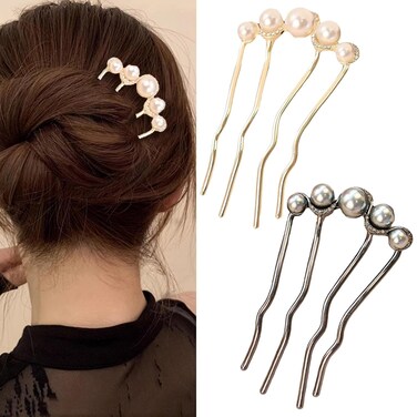 2 Pcs Pearls Twist Hair Pins Metal Hair Side Combs French Twist Hair Pins Pearls Fork Clip Pearl Hair Accessories for Wedding Brides Women (A)