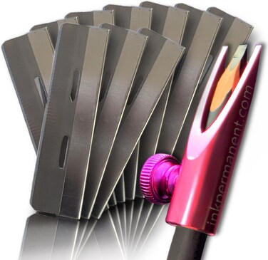 Metal Eyebrow Pencil Shaper and Mapping Sharpener, Shaping Tool for Waterproof Peel-Off Brow Pencils with 10 Razors Duckbill Sharpener, Eyebrow Mapping Kit (Pink)