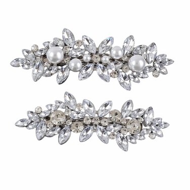 2 Pieces Silver Rhinestone Hair Clips Flower Fancy Hair Clips Sparkly Hair Barrettes Crystal Pearl Hairpins Bling Wedding Accessories for Women Bridal