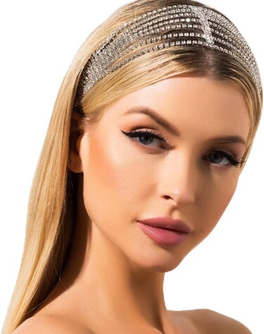 Rhinestone Wedding Headband - Silver Crystal Headpiece - Elastic &amp; Stretchy - Perfect for Women &amp; Girls - Wedding, Bridal Shower, Proms