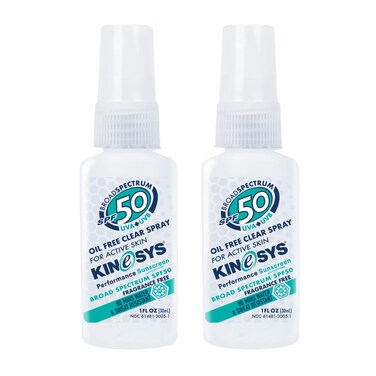 KINeSYS Fragrance Free Clear Spray Sunscreen for sensitive skin, SPF 50, Hypoallergenic, Broad Spectrum UVA/UVB protection Face &amp; Body; PABA and Oxybenzone FREE, 170+ Sprays, 1 Fl Oz/30 ml (Pack of 2)