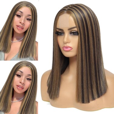 Alileona Bob Straight Highlight Wig Synthetic Bob Black women Straight Bob Lace Front Wig 14inch Blunt Cut Short Bob Synthetic Wigs for Black Women (F4/27#)