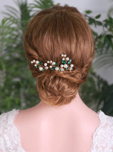 YERTTER 3 Pcs Hair Pins Green Crystal Pearl Bridal Hair Accessories for Bride and Bridesmaids Wedding Hair Piece