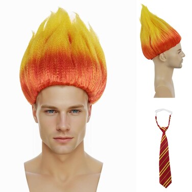GNIMEGIL Anger Wigs with Tie Cosplay Heat Miser Halloween Dress Up Anger Costume Flame Wig Orange and Yellow Fire Wig - One Size